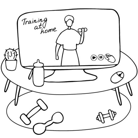 Sport Coach Website. Workplace with dumbbells and computer with open training Application. Sportsman doing exercise with dumbbell in gym. Flat Cartoon Vector Illustrationのイラスト素材