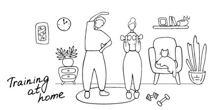 Happy family sport activity. Wife and husband doing morning exercising at home. Man and woman fitness workout exercise. Linear vector graphicのイラスト素材