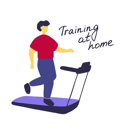 Young man running on treadmill. Sport training at home. Flat vector graphicのイラスト素材