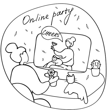 Friends from different countries drink cocktails and talk online. Virtual party, video call. Modern lifestyle, online life. Linear doodle vector illustration.のイラスト素材