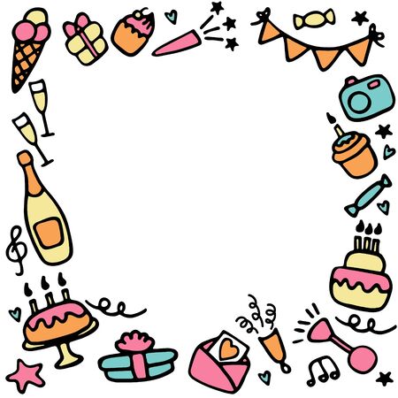 Birthday frames. Celebration b-day icon set. Hand drawn elements. Vector illustrationのイラスト素材