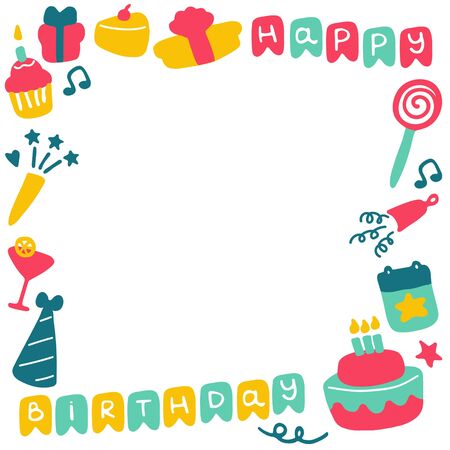 Birthday frames. Celebration b-day icon set. Hand drawn elements. Vector illustrationのイラスト素材
