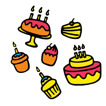 Hand-drawn icons of sweets. Pie, cake, cupcake. Vectorのイラスト素材