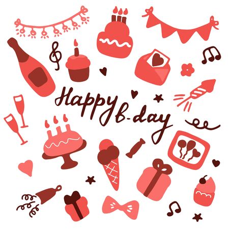 Birthdat party icon set. Hand drawn elements for banner, card, invitation, wrapping, digital. Vectorのイラスト素材