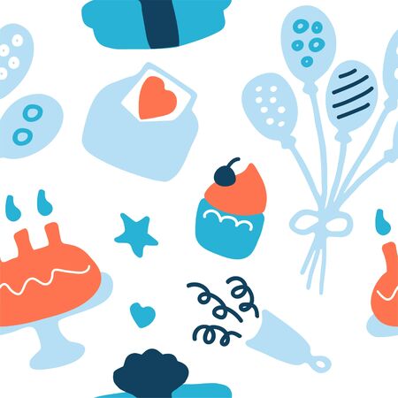 Hand-drawn birthday icon set. Celebration seamless pattern. Vector graphicのイラスト素材