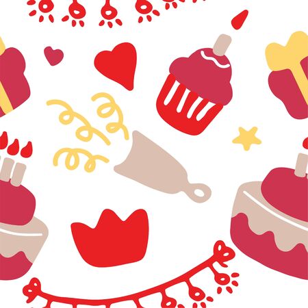 Holiday, birthday seamless pattern. Birthday party icon set. Hand drawn illustration. Vector graphicのイラスト素材