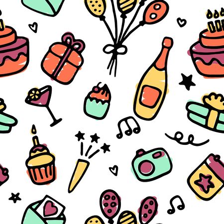 Holiday, birthday seamless pattern. Birthday party icon set. Hand drawn illustration. Vector graphicのイラスト素材