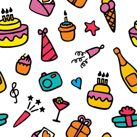Birthday colorful pattern. Hand drawn elements for print and digital. Vectorのイラスト素材