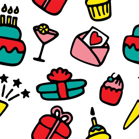 Birthday colorful pattern. Hand drawn elements for print and digital.のイラスト素材