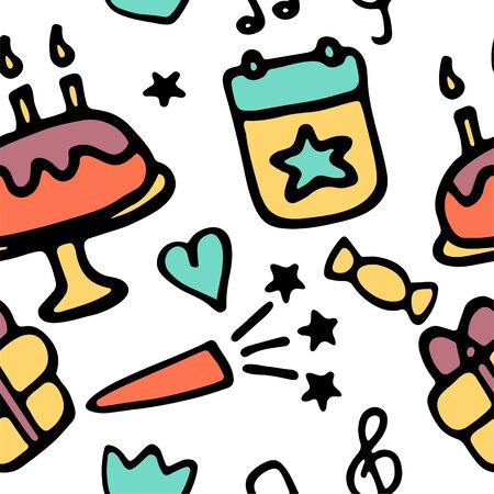 Birthday colorful pattern. Hand drawn elements for print and digital. Vector illustrationのイラスト素材
