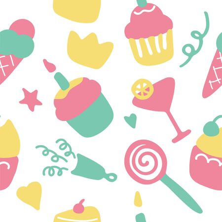 Hand-drawn icons of sweets and drinks. Pie, cake, cupcake cocktail ice-cream, lollipop. Vector graphicsのイラスト素材