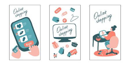 Online shopping. Vertical banner bundle. Shopping at home, e-commerce concept. Flat vector illustration.のイラスト素材