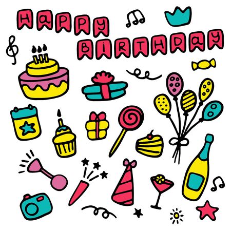Doodle birthday set icons. Hand-drawn set of holiday signs. Vector illustrationのイラスト素材