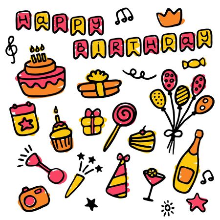 Doodle birthday set icons. Hand-drawn set of holiday signs. Vector illustrationのイラスト素材