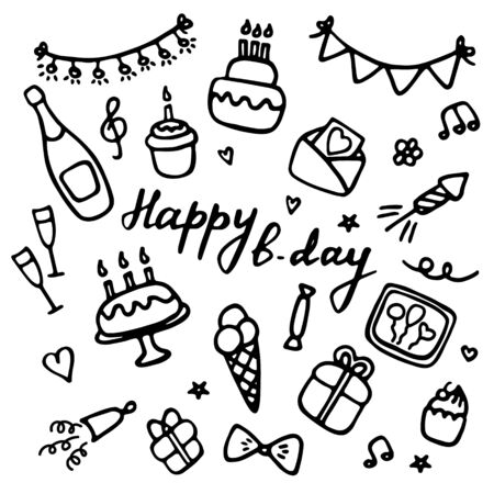 Birthdat party icon set. Hand drawn elements for banner, card, invitation, wrapping, digital. Vector illustrationのイラスト素材