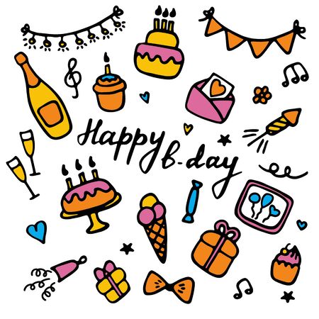 Birthdat party icon set. Hand drawn elements for banner, card, invitation, wrapping, digital. Vectorのイラスト素材