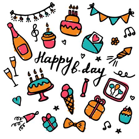 Birthdat party icon set. Hand drawn elements for banner, card, invitation, wrapping, digital. Vector illustrationのイラスト素材