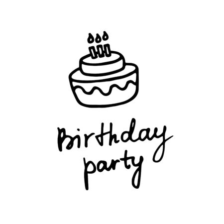 B-day party. Birthday party inscription and cake icon. Hand drawn illustration. Vector graphicのイラスト素材