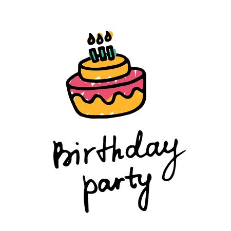 B-day party. Birthday party inscription and cake icon. Hand drawn illustration. Vector graphicのイラスト素材
