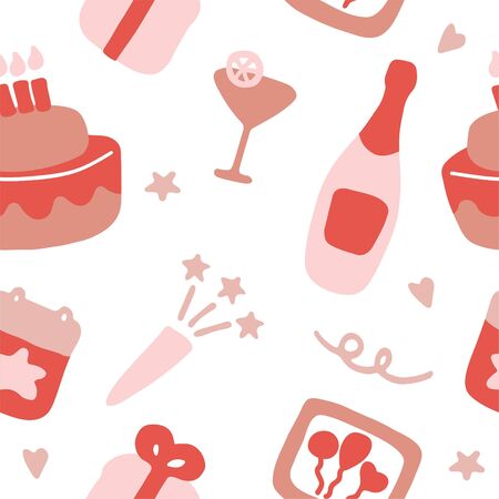Holiday, birthday seamless pattern. Birthday party icon set. Hand drawn illustration. Vectorのイラスト素材
