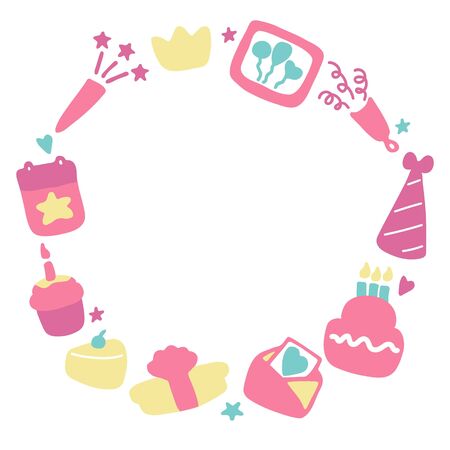 Birthday frames. Celebration b-day icon set. Hand drawn elements. Vector illustrationのイラスト素材