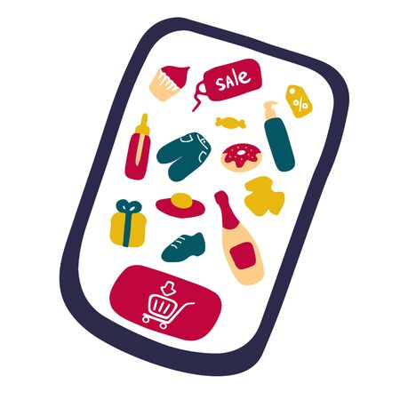 Online shopping on tablet and mobile. Online purchases from home. Vector flat design.のイラスト素材