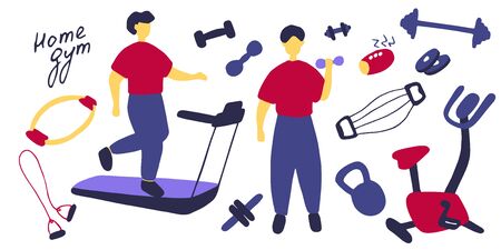 Sport set. Icons of sports equipment and training people. Workout at home, sport exercises at home. Flat vector graphic.のイラスト素材