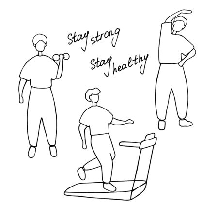 Man doing different sport exercises. Male training, workout concept. Doodle vector illustration.のイラスト素材