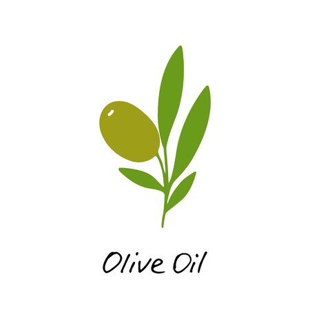 Olive oil. Cosmetic ingredient. Nutritional oil for skin care and health. Hand-drawn icon of olive and hand writting inscription. Vector illustrationのイラスト素材