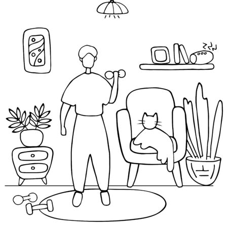 Man doing dumbbell exercises. Male character conducting healthy lifestyle. Sport at home, home workout. Doodle vector illustration.のイラスト素材