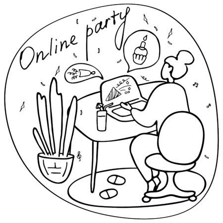 Online party, birthday, virtual meeting friends. Girl sitting in front of laptop with cocktail. Video chat. Vector hand drawn illustration.のイラスト素材