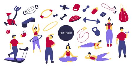 Big sport set. Icons of sports equipment and training people. Workout at home, sport exercises at home. Flat vector graphic.のイラスト素材