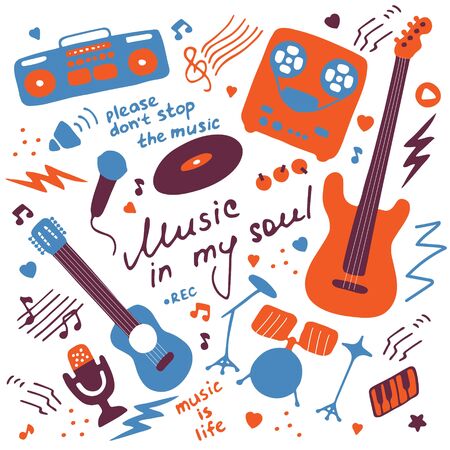 Musical hand-drawn icons. Doodle elements for print, digital, web. Hand-written inscription Music in my soul. Vector graphicsのイラスト素材