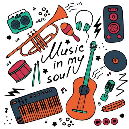 Set of musical emblem. Flat illustrations for digital and print. Musical icons set. Hand-written inscription Music in my soul. Vector graphicsのイラスト素材