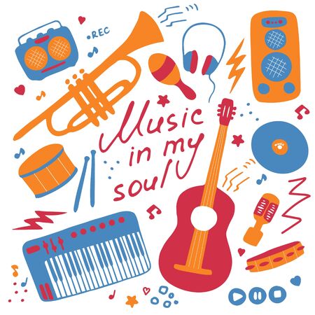 Set of musical emblem. Flat illustrations for digital and print. Musical icons set. Hand-written inscription Music in my soul. Vector graphicsのイラスト素材