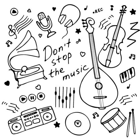 Music instruments icon set for print and digital. Hand drawn graphics. Hand-written inscription Don t stop the music. Vector illustrationのイラスト素材