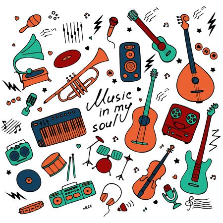 Music. Big set of icons for print and digital. Doodle elements of musical instruments. Hand written inscription Music in my soul. Vector graphicsのイラスト素材