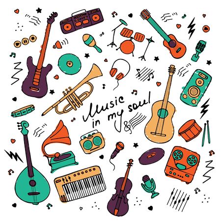 Music. Big set of icons for print and digital. Doodle elements of musical instruments. Hand written inscription Music in my soul. Vector graphicsのイラスト素材