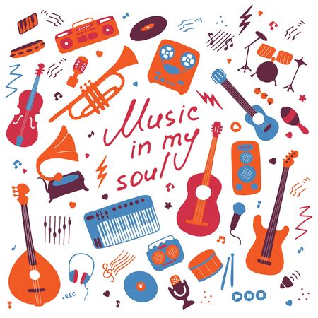 Music. Big set of icons for print and digital. Doodle elements of musical instruments. Hand written inscription Music in my soul. Vector graphicsのイラスト素材