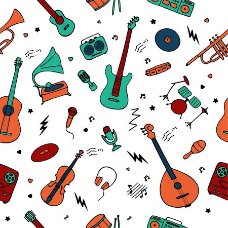 Seamless background for wallpaper and fabric. Music instruments icons. Hand drawn vector illustrationのイラスト素材
