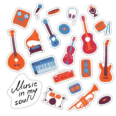 Music stickers. Hand drawn signs. Orchectra symbols. Vector illustrationのイラスト素材