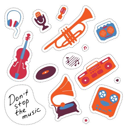 Music stickers. Hand drawn signs. Orchectra symbols. Vector illustrationのイラスト素材