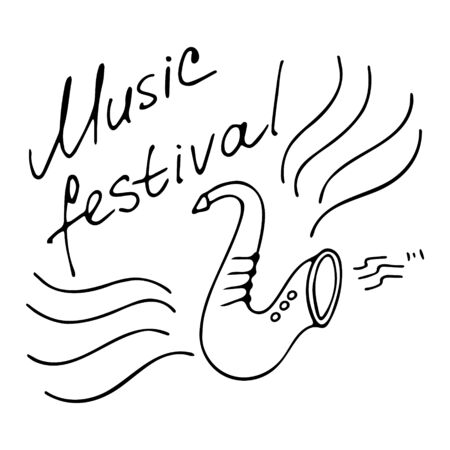 Hand writting inscriptions Music festival. Hand drawn saxophone icon. Vector illustrationのイラスト素材