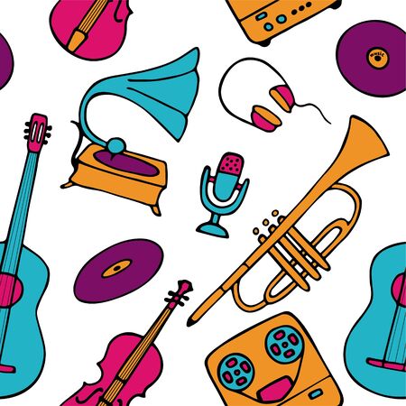 Musical pattern. Hand-drawn musical instruments icons. Bright seamless texture for wallpaper or fabric. Vector illustrationのイラスト素材