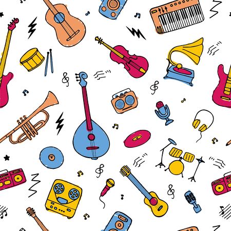 Seamless background for wallpaper and fabric. Music instruments icons. Hand drawn vector illustrationのイラスト素材