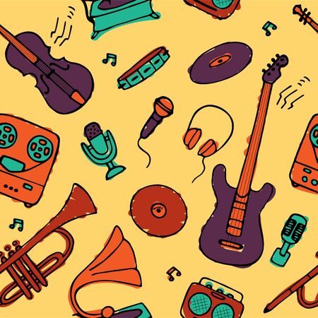 Hand drawn musical icon set. Seamless pattern for fabric and wallpaper. Vector graphicのイラスト素材