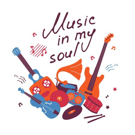 Musical poster. Hand drawn doodle music icons and inscription Music in my soul. Vector illustrationのイラスト素材