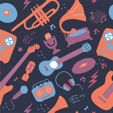 Bright seamless wallpaper. Musical texture for print and digital. Blue, pink, lilac colors. Vector graphicのイラスト素材