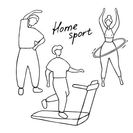 Male and female training, workout concept. Man doing different sport exercises. Woman engaged pilates. Doodle vector illustration.のイラスト素材