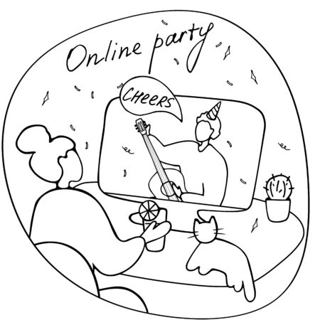 Friends from different countries drink cocktails and talk online. Virtual birthday party, video call. Modern lifestyle, online life. Linear doodle vector illustration.のイラスト素材